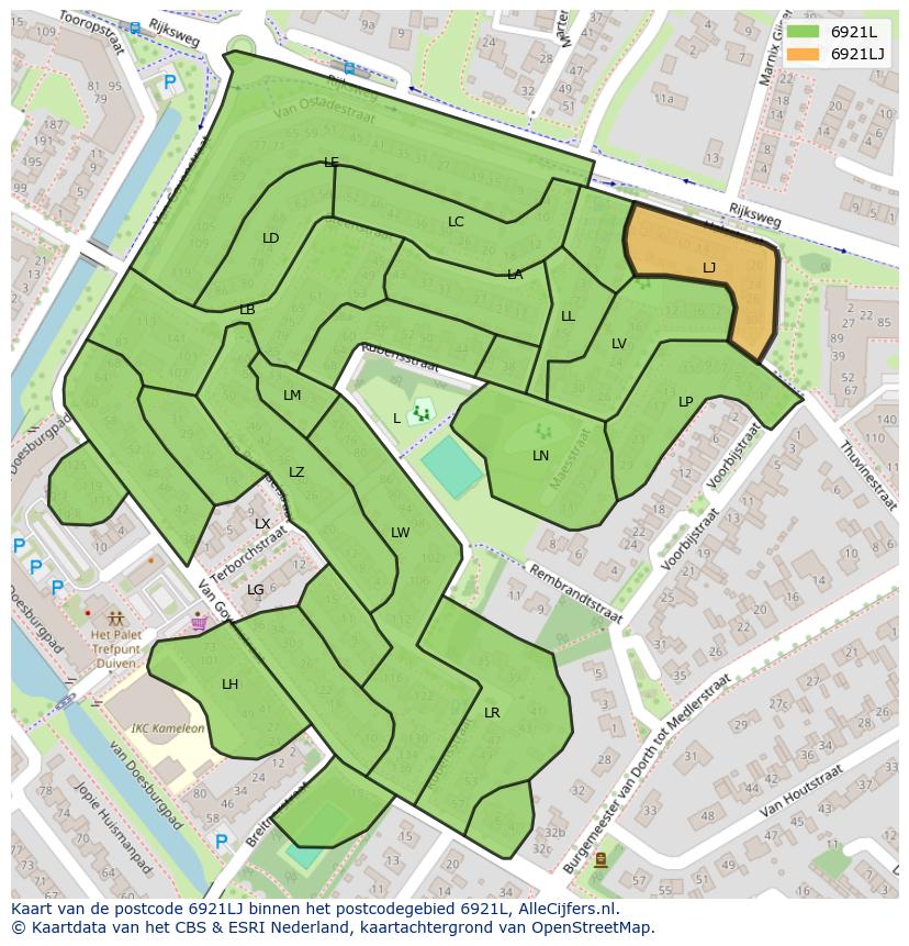 Afbeelding van het postcodegebied 6921 LJ op de kaart.