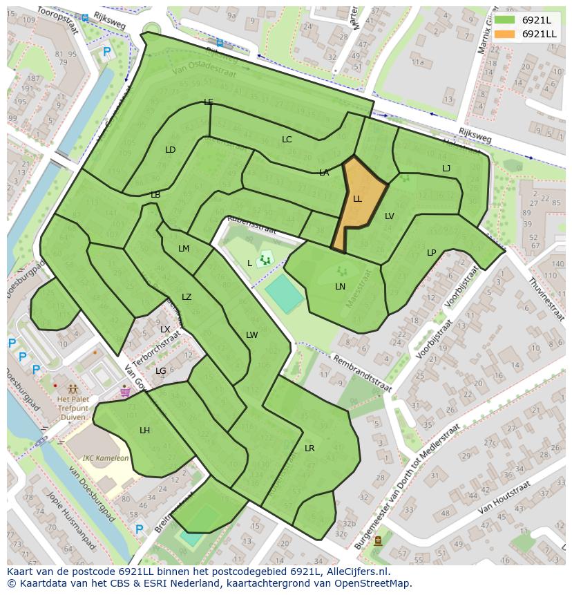 Afbeelding van het postcodegebied 6921 LL op de kaart.
