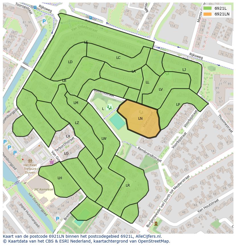 Afbeelding van het postcodegebied 6921 LN op de kaart.