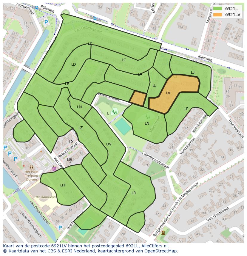 Afbeelding van het postcodegebied 6921 LV op de kaart.