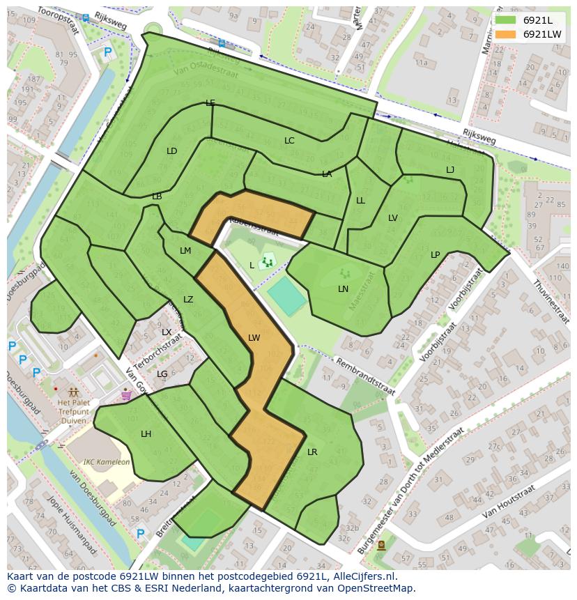 Afbeelding van het postcodegebied 6921 LW op de kaart.