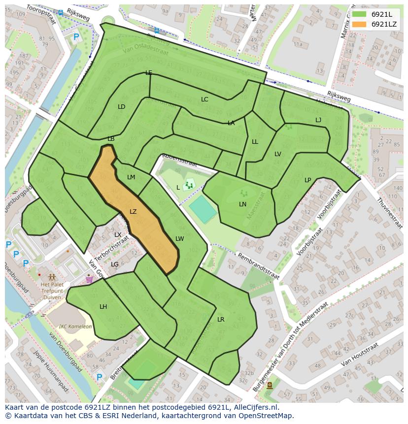 Afbeelding van het postcodegebied 6921 LZ op de kaart.