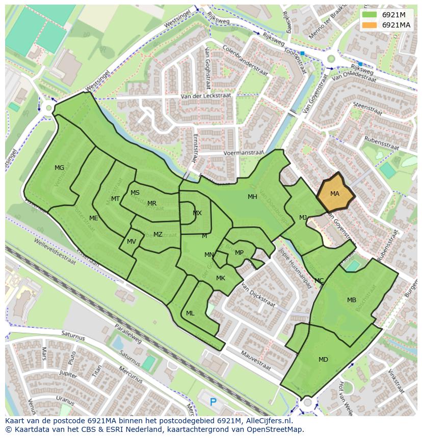 Afbeelding van het postcodegebied 6921 MA op de kaart.