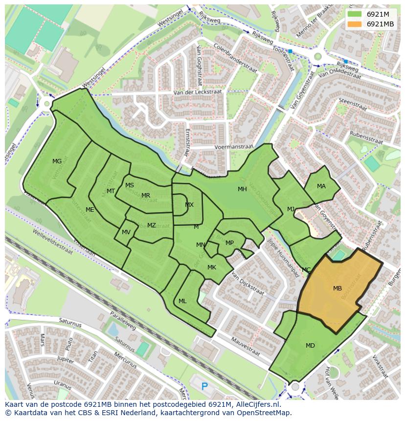 Afbeelding van het postcodegebied 6921 MB op de kaart.