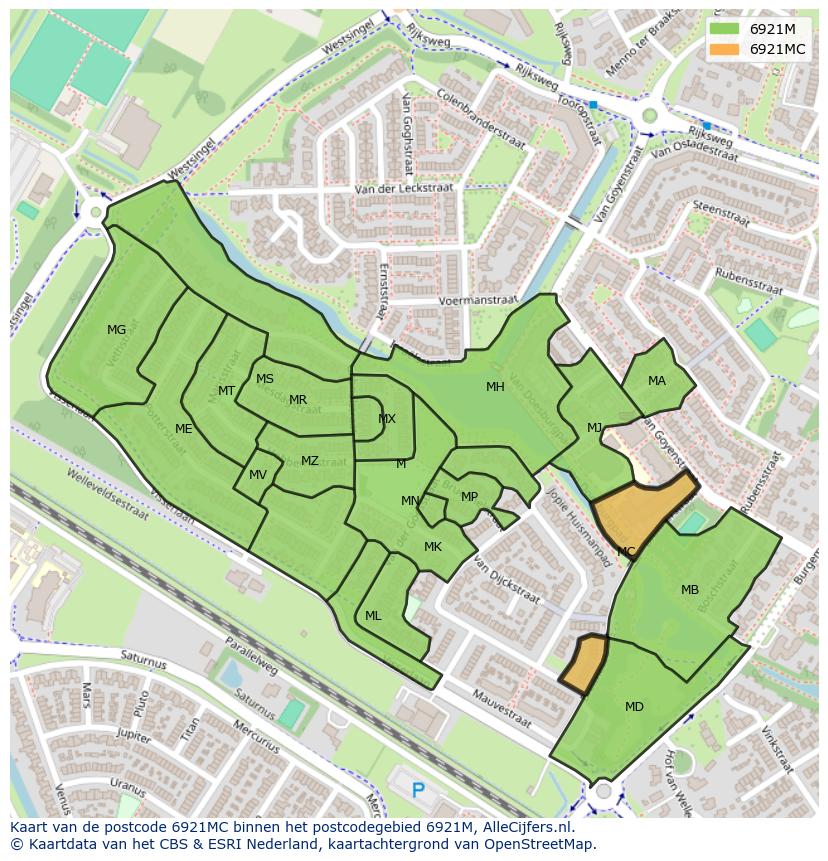Afbeelding van het postcodegebied 6921 MC op de kaart.