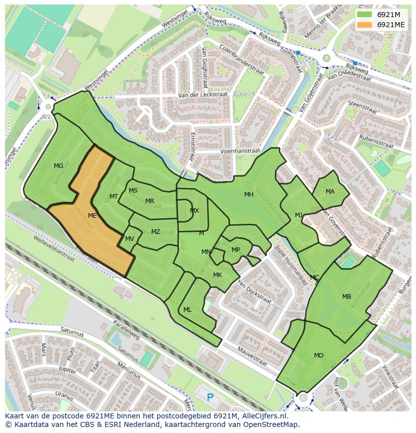 Afbeelding van het postcodegebied 6921 ME op de kaart.