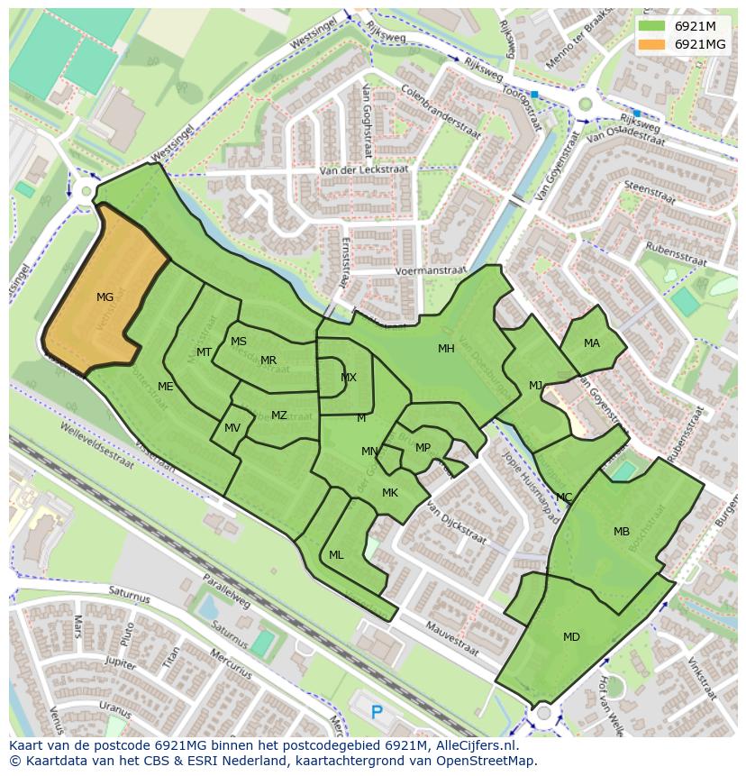 Afbeelding van het postcodegebied 6921 MG op de kaart.