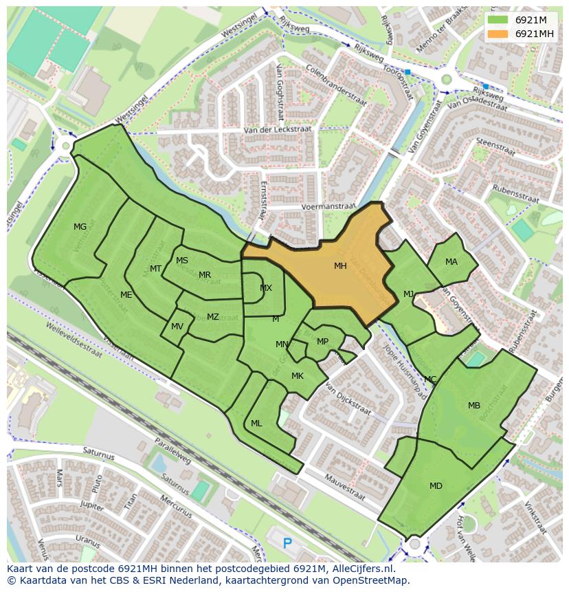 Afbeelding van het postcodegebied 6921 MH op de kaart.