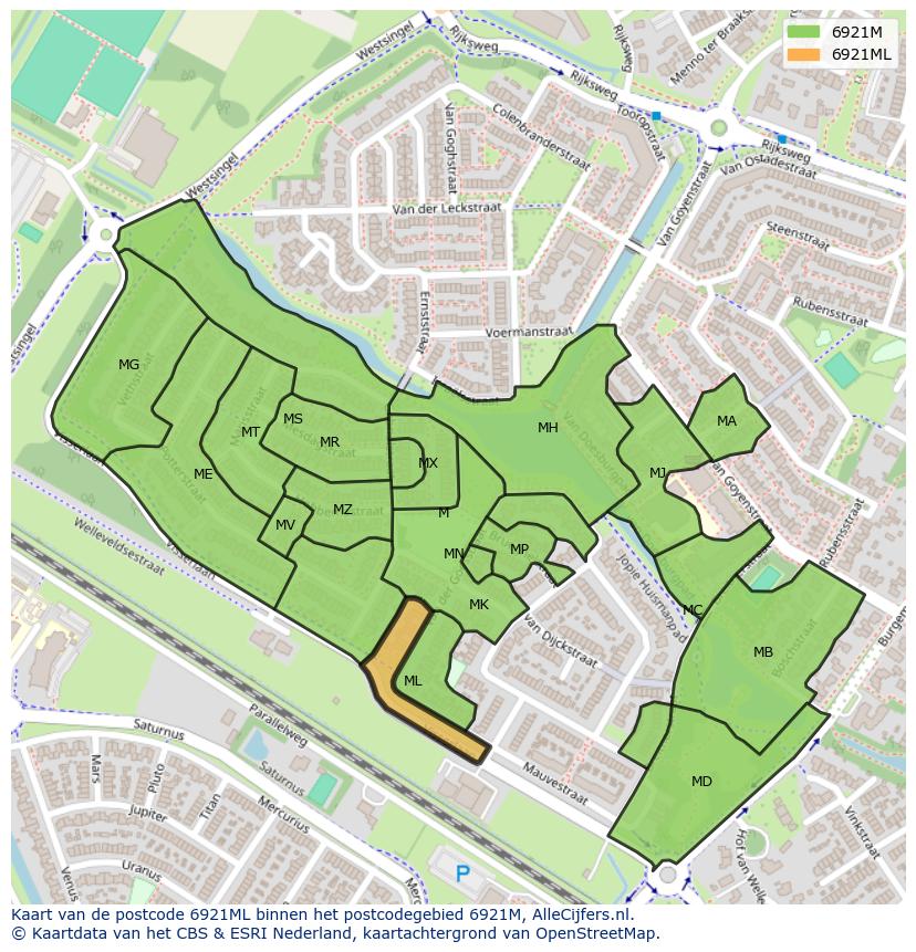Afbeelding van het postcodegebied 6921 ML op de kaart.