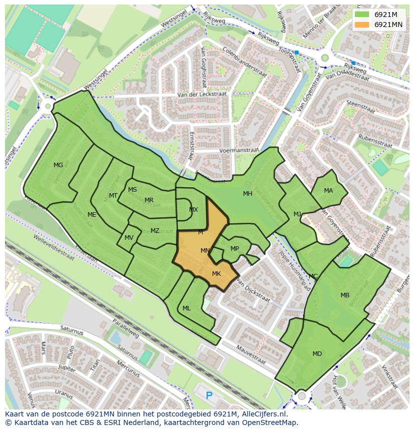 Afbeelding van het postcodegebied 6921 MN op de kaart.