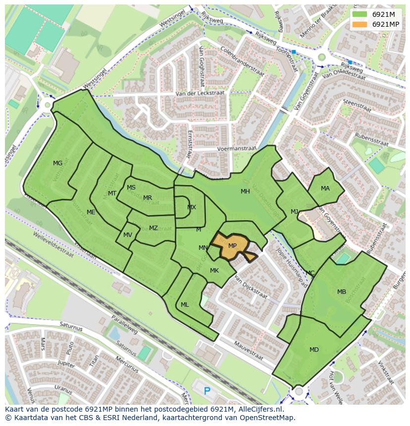 Afbeelding van het postcodegebied 6921 MP op de kaart.