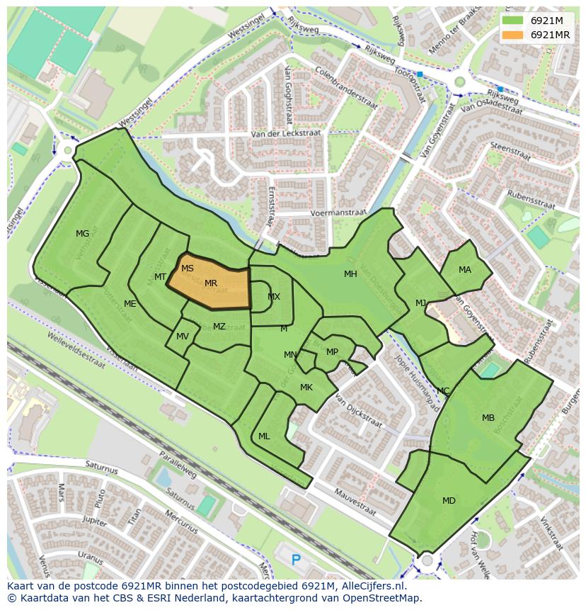 Afbeelding van het postcodegebied 6921 MR op de kaart.