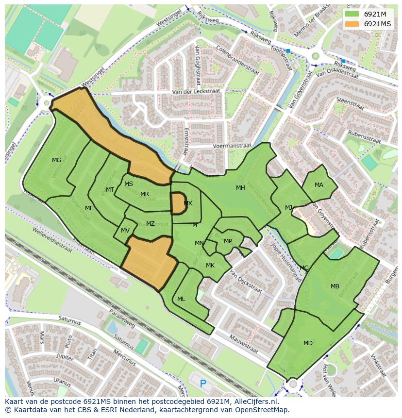 Afbeelding van het postcodegebied 6921 MS op de kaart.