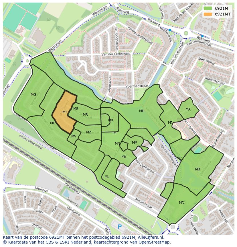 Afbeelding van het postcodegebied 6921 MT op de kaart.