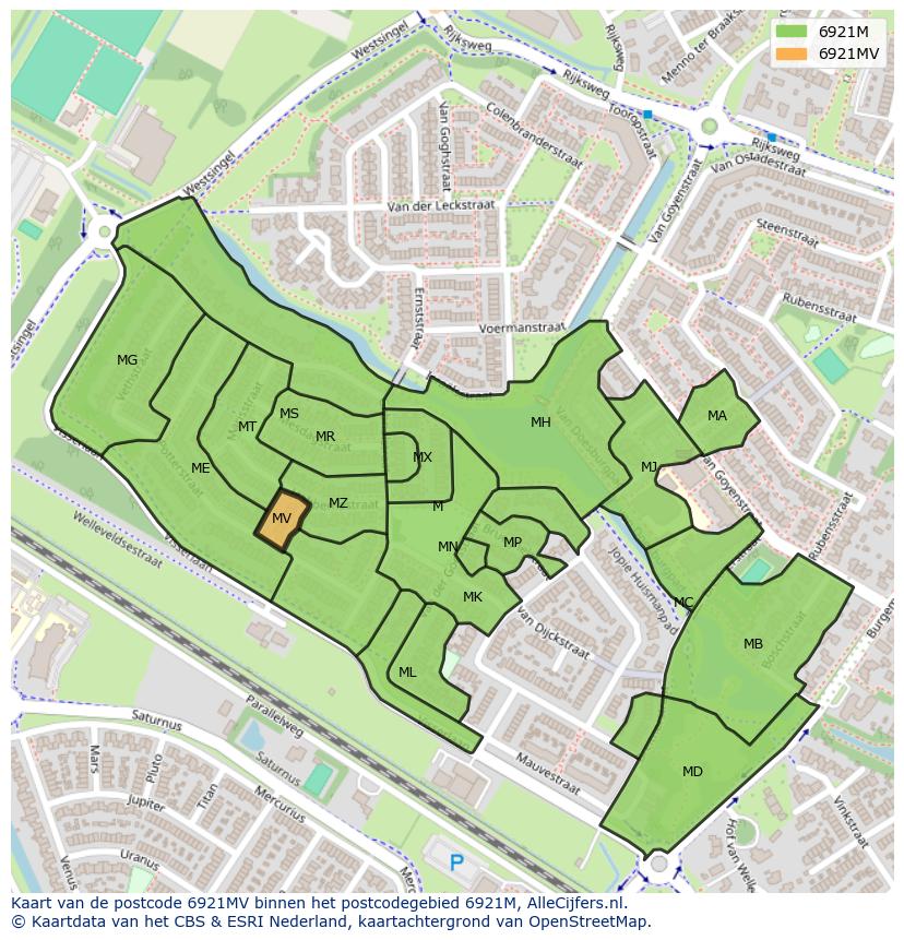 Afbeelding van het postcodegebied 6921 MV op de kaart.