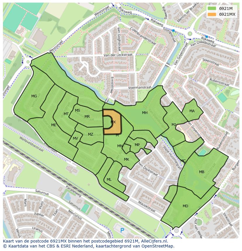Afbeelding van het postcodegebied 6921 MX op de kaart.