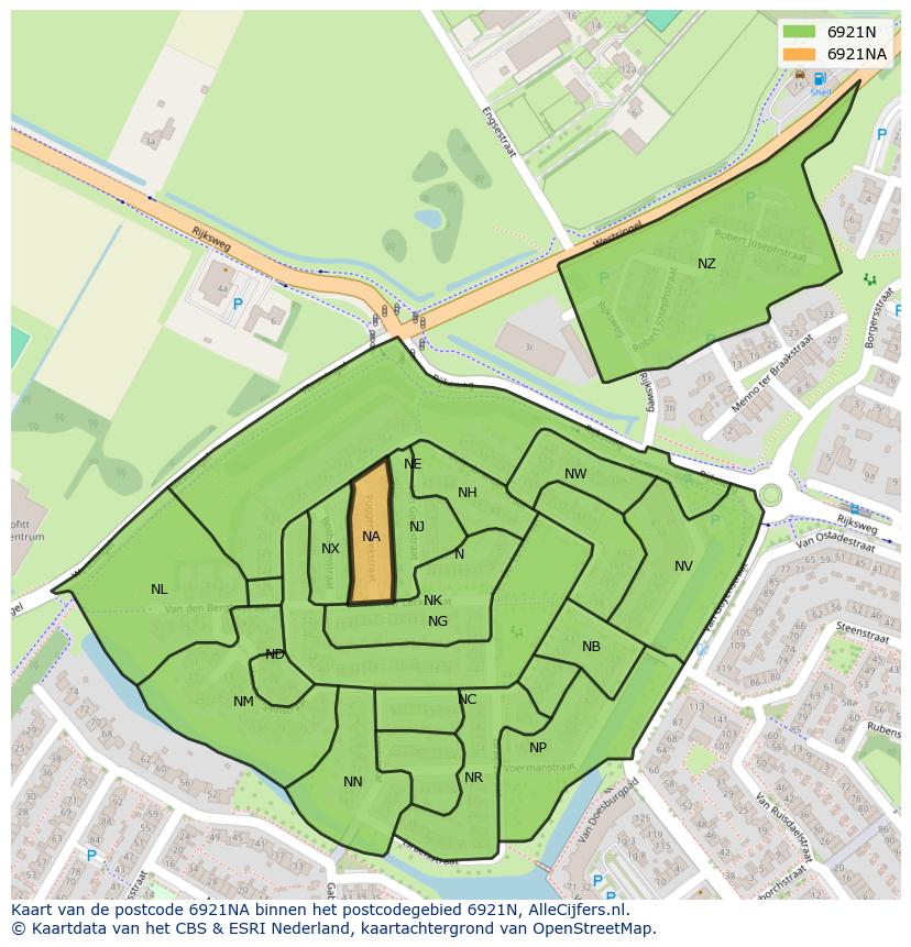 Afbeelding van het postcodegebied 6921 NA op de kaart.
