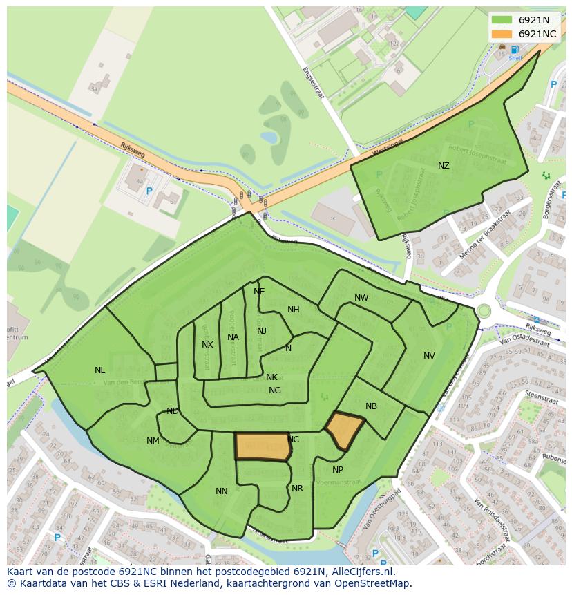 Afbeelding van het postcodegebied 6921 NC op de kaart.