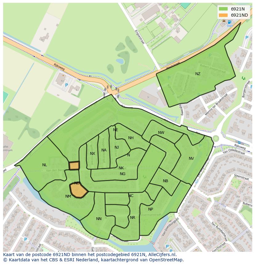 Afbeelding van het postcodegebied 6921 ND op de kaart.