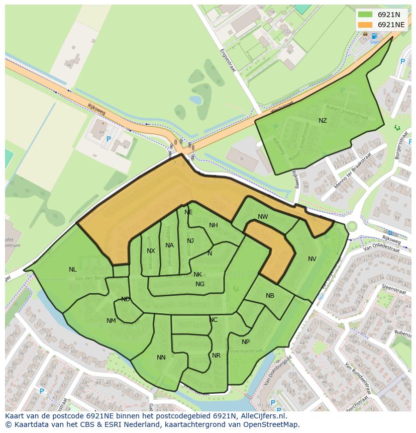 Afbeelding van het postcodegebied 6921 NE op de kaart.