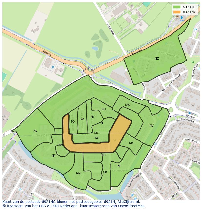 Afbeelding van het postcodegebied 6921 NG op de kaart.