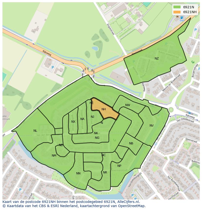 Afbeelding van het postcodegebied 6921 NH op de kaart.