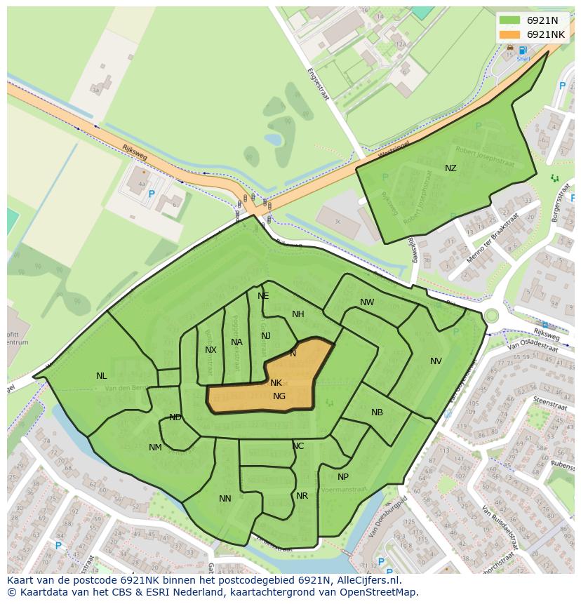 Afbeelding van het postcodegebied 6921 NK op de kaart.