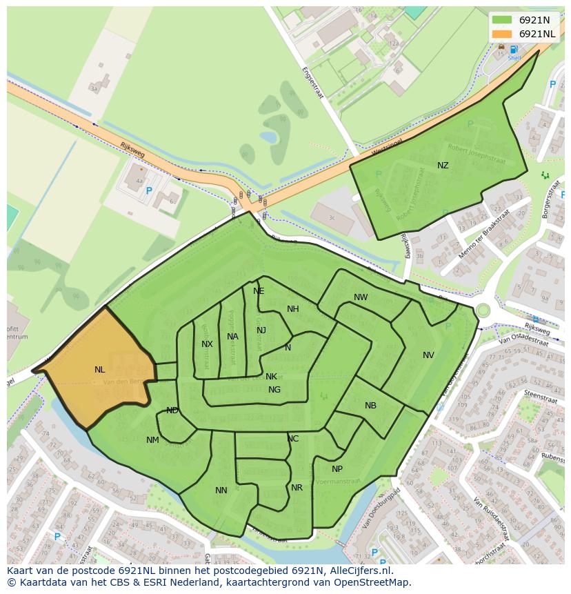 Afbeelding van het postcodegebied 6921 NL op de kaart.