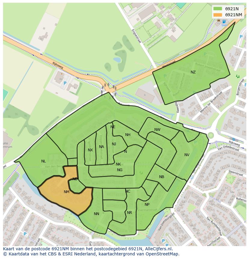 Afbeelding van het postcodegebied 6921 NM op de kaart.
