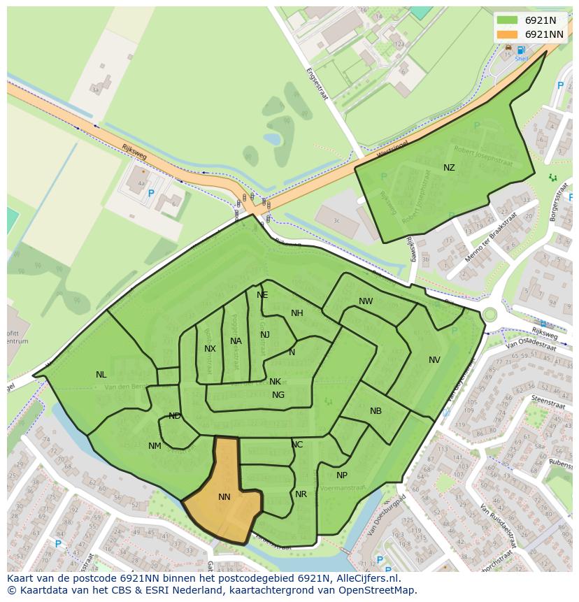 Afbeelding van het postcodegebied 6921 NN op de kaart.
