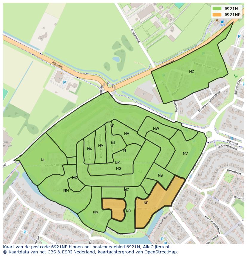 Afbeelding van het postcodegebied 6921 NP op de kaart.