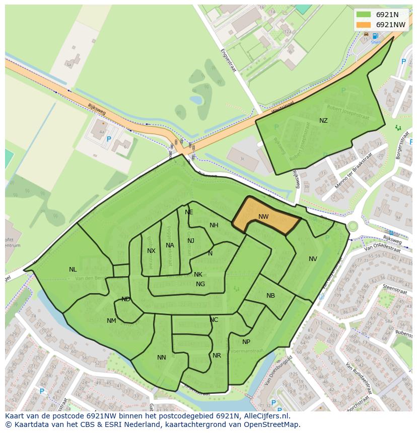 Afbeelding van het postcodegebied 6921 NW op de kaart.