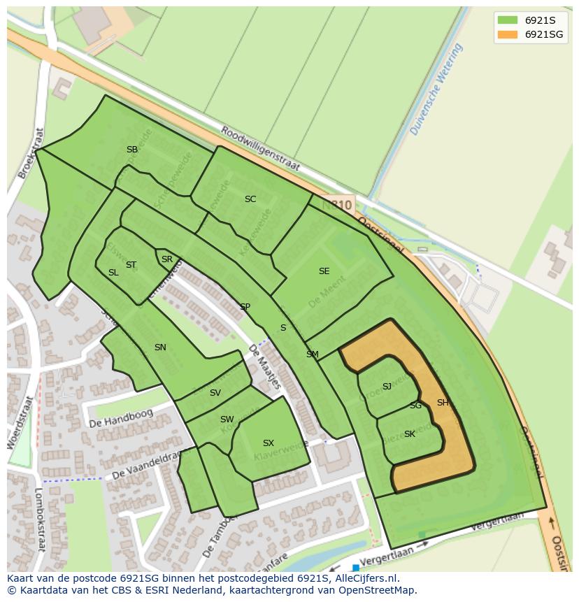 Afbeelding van het postcodegebied 6921 SG op de kaart.