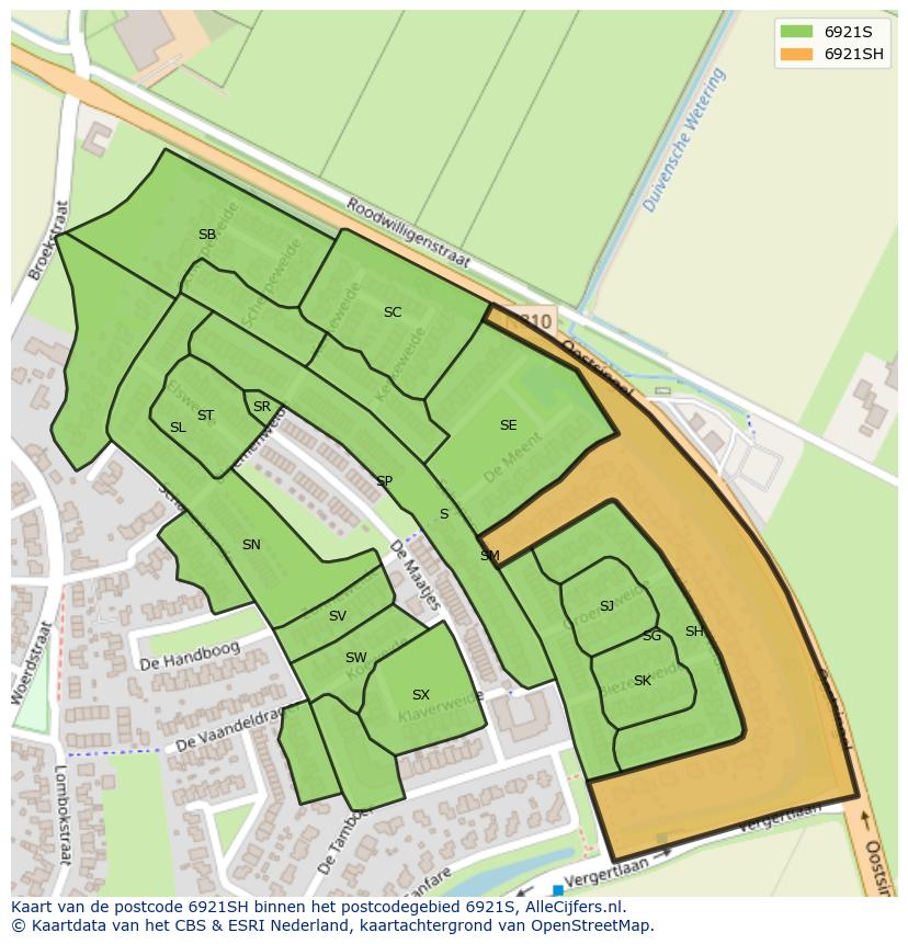 Afbeelding van het postcodegebied 6921 SH op de kaart.