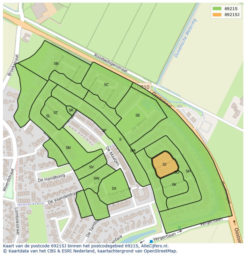 Afbeelding van het postcodegebied 6921 SJ op de kaart.