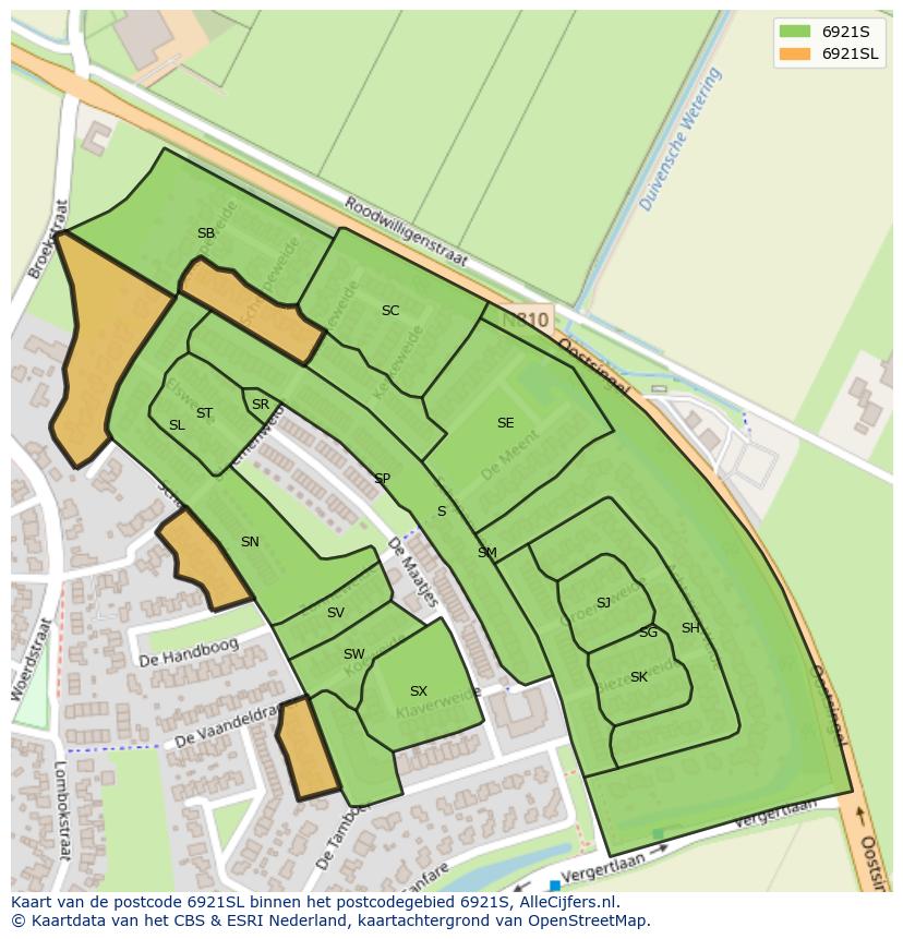 Afbeelding van het postcodegebied 6921 SL op de kaart.