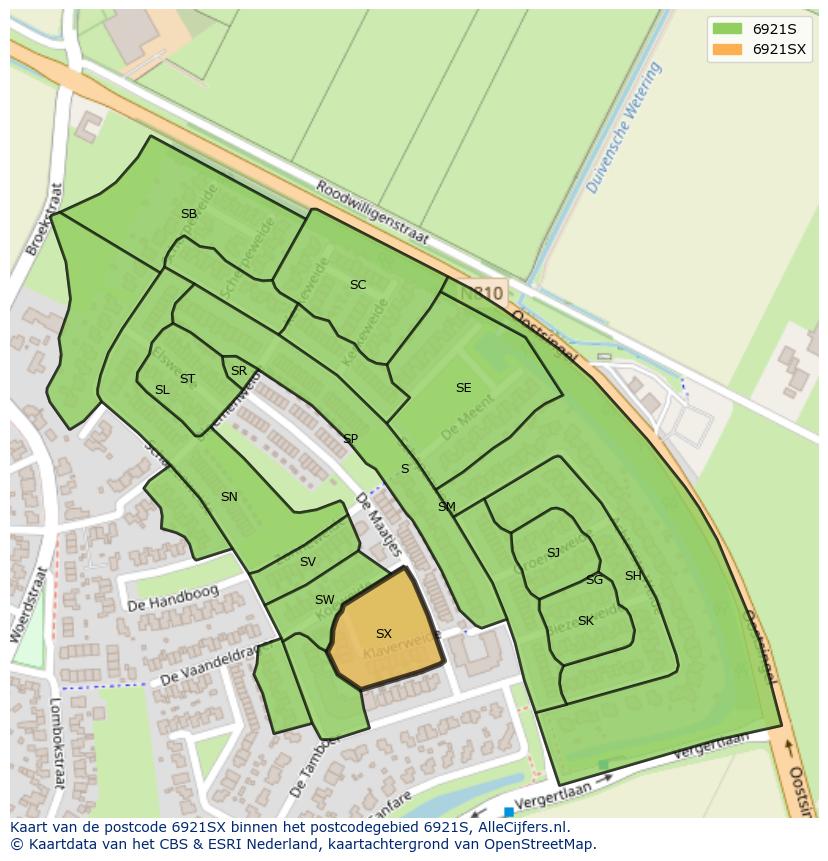 Afbeelding van het postcodegebied 6921 SX op de kaart.