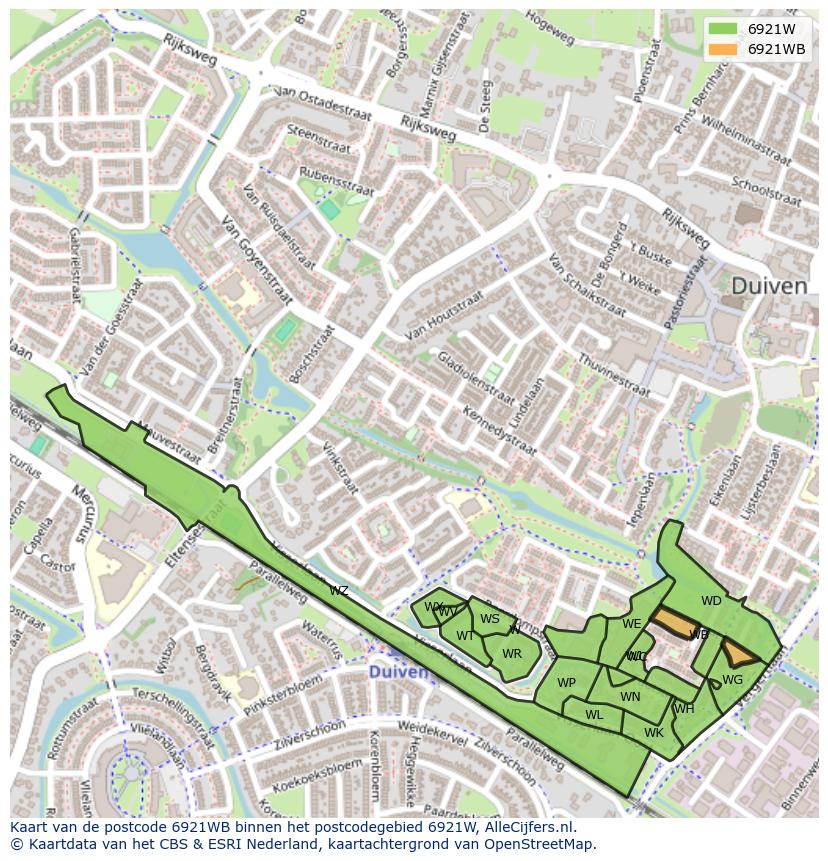 Afbeelding van het postcodegebied 6921 WB op de kaart.