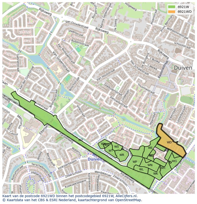 Afbeelding van het postcodegebied 6921 WD op de kaart.