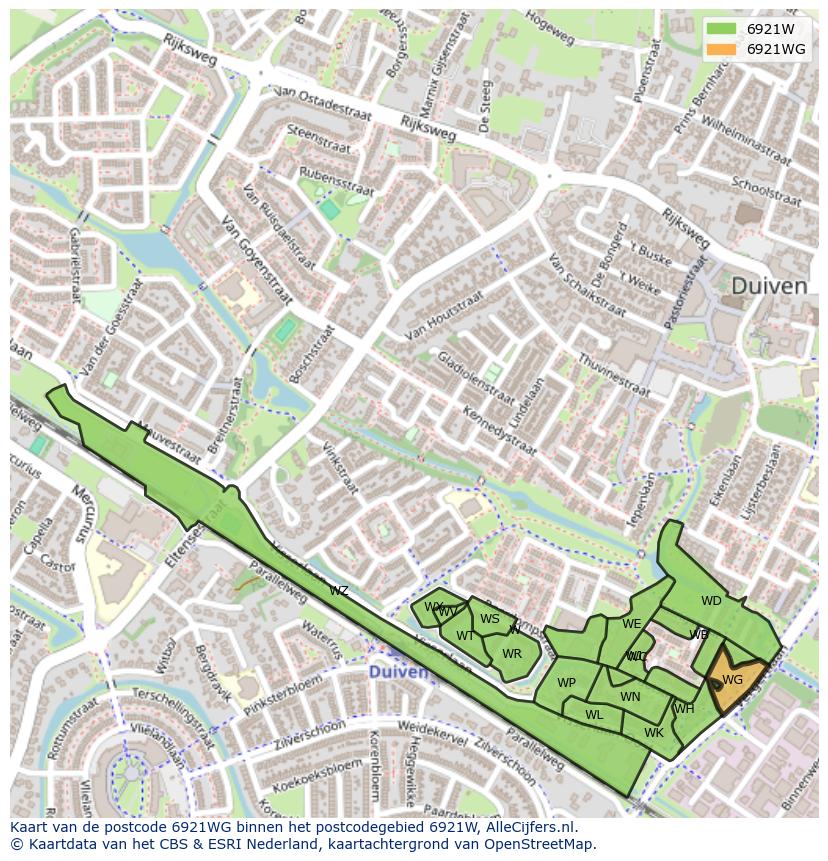 Afbeelding van het postcodegebied 6921 WG op de kaart.