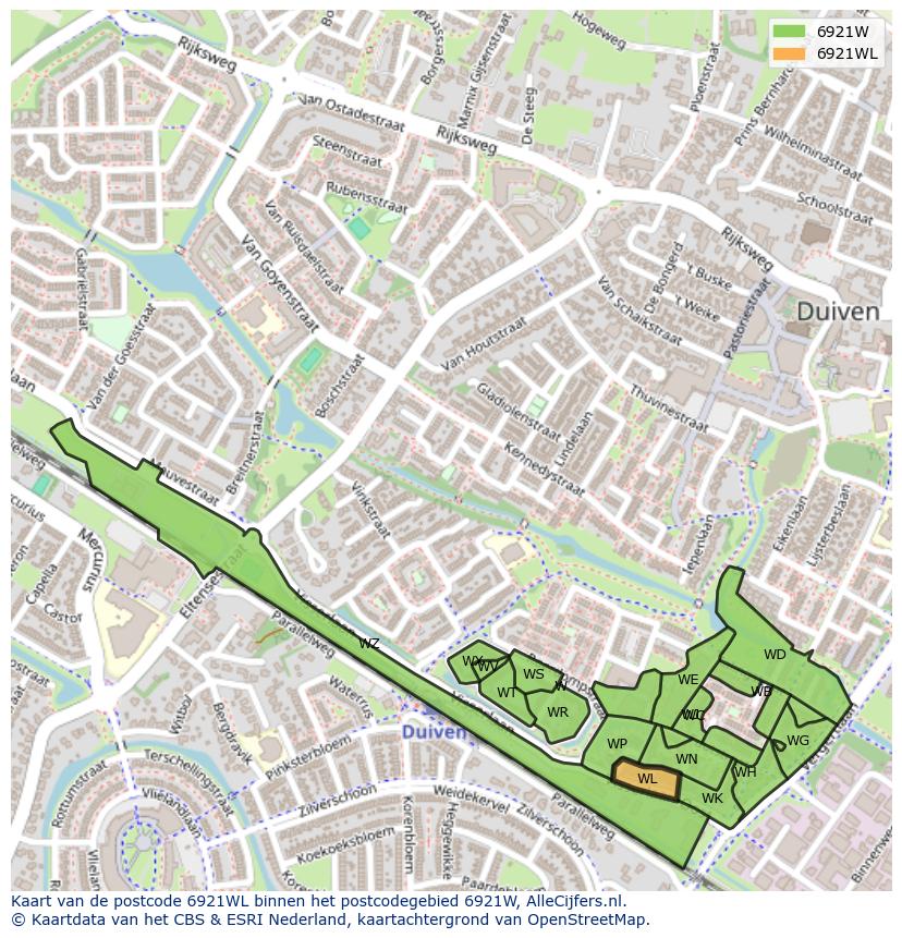Afbeelding van het postcodegebied 6921 WL op de kaart.