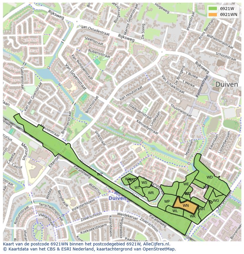 Afbeelding van het postcodegebied 6921 WN op de kaart.