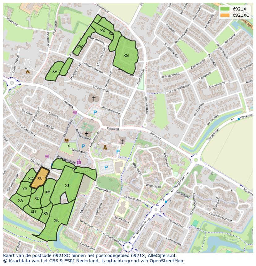 Afbeelding van het postcodegebied 6921 XC op de kaart.