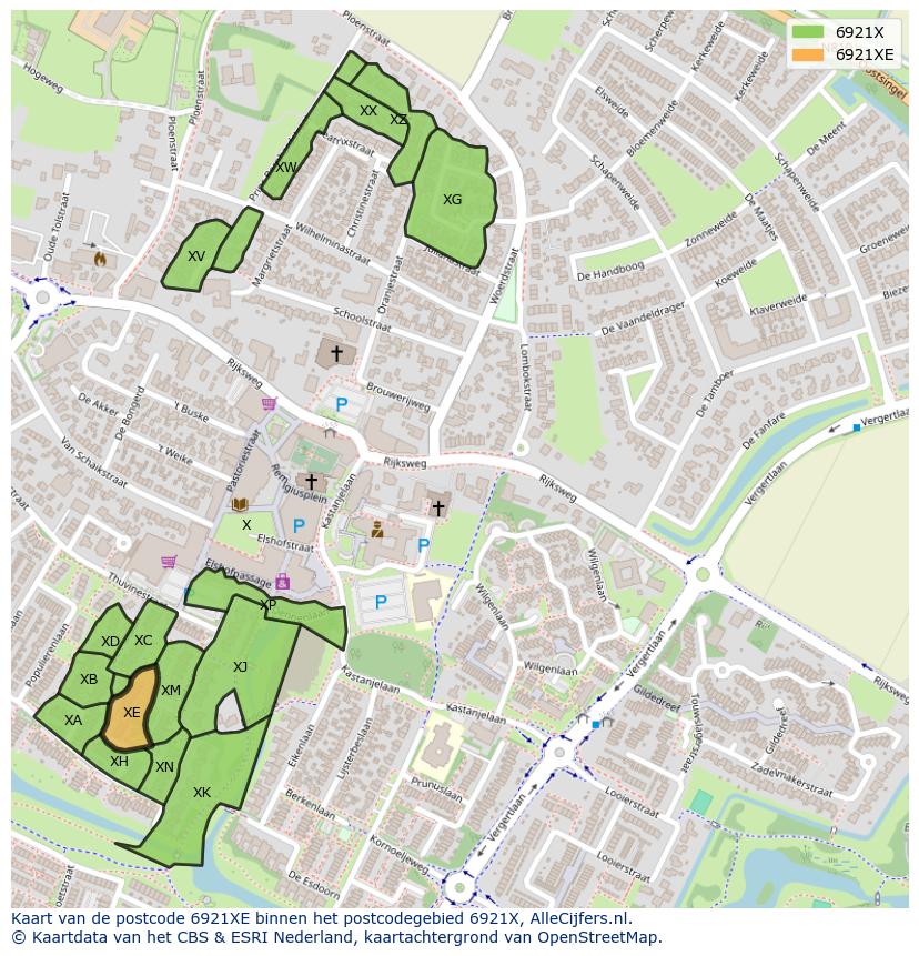 Afbeelding van het postcodegebied 6921 XE op de kaart.