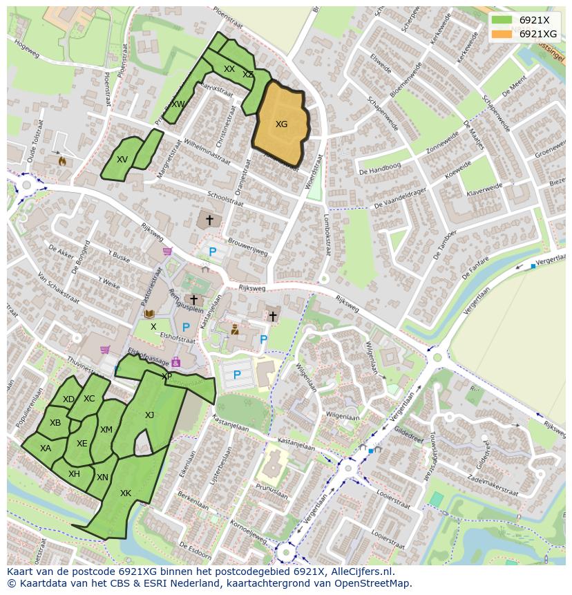 Afbeelding van het postcodegebied 6921 XG op de kaart.