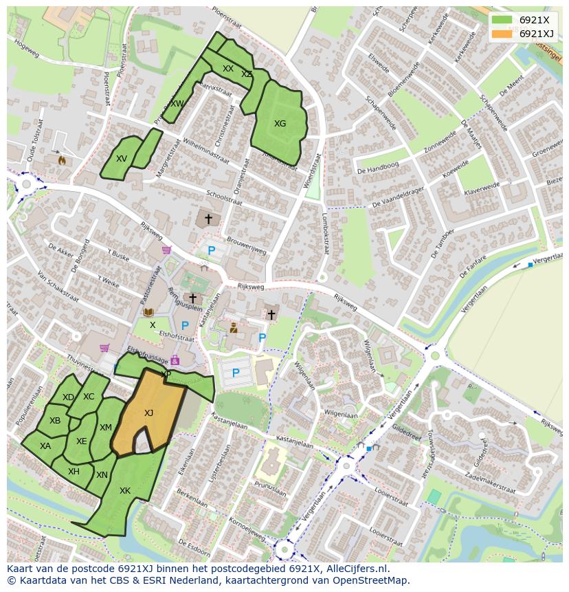 Afbeelding van het postcodegebied 6921 XJ op de kaart.