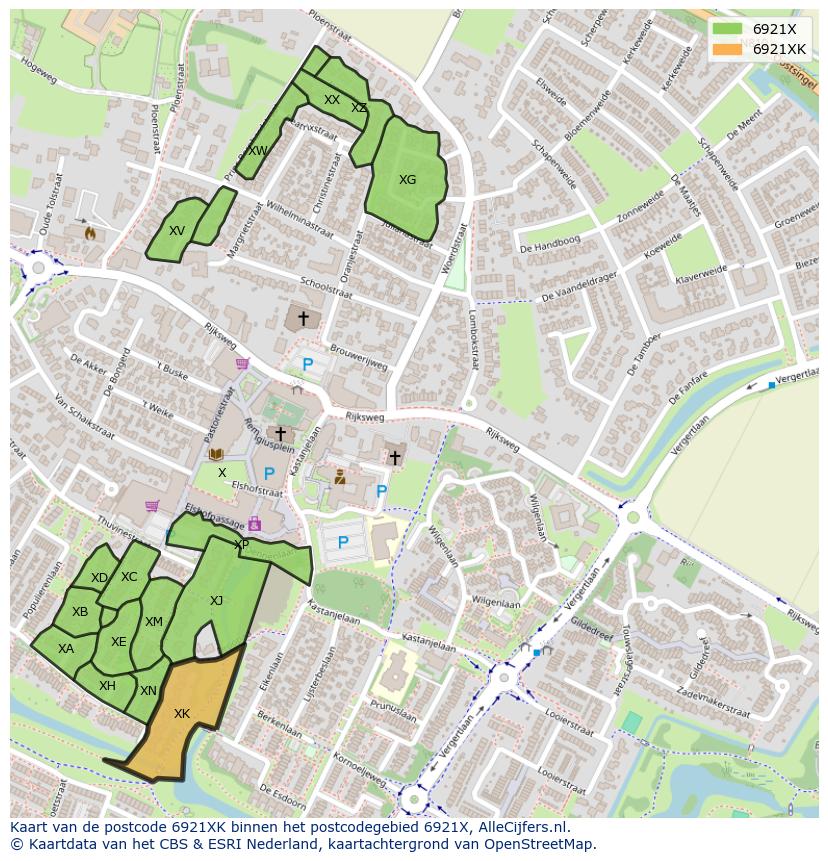 Afbeelding van het postcodegebied 6921 XK op de kaart.