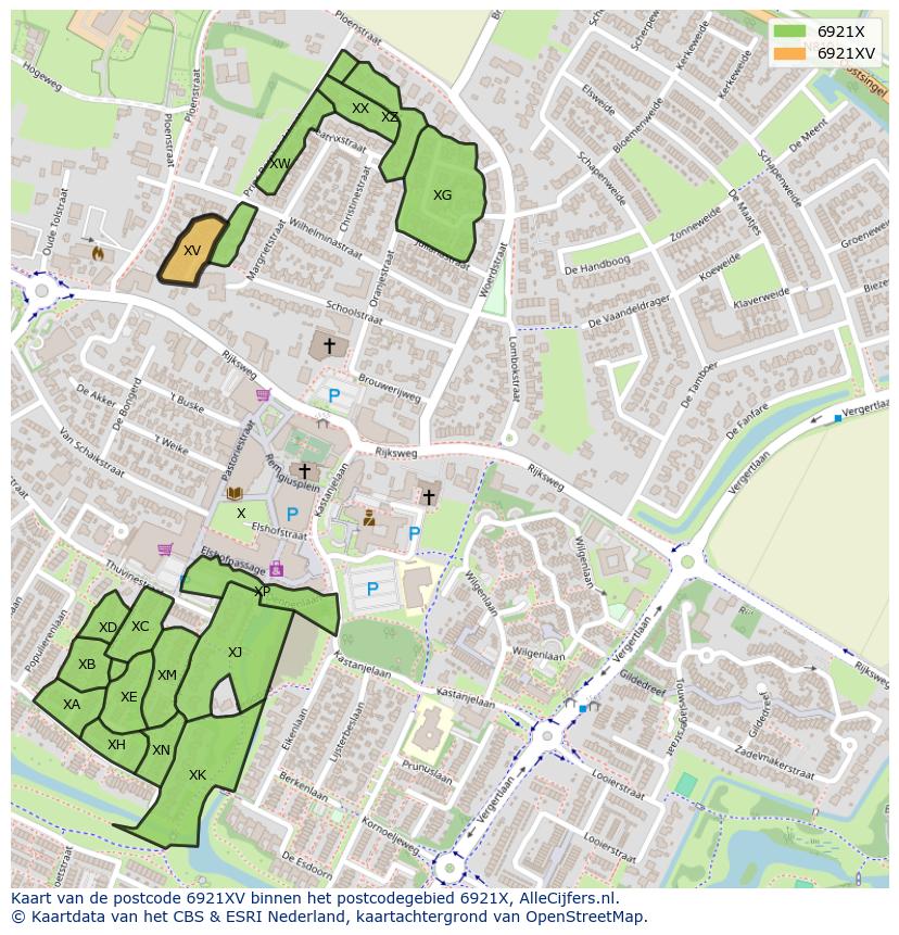 Afbeelding van het postcodegebied 6921 XV op de kaart.