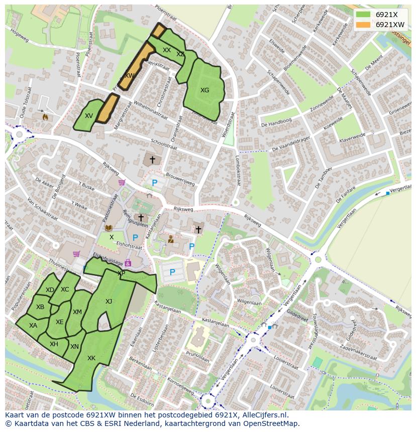 Afbeelding van het postcodegebied 6921 XW op de kaart.