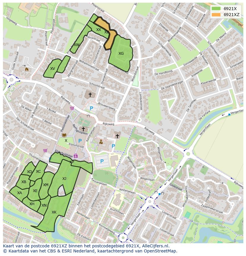 Afbeelding van het postcodegebied 6921 XZ op de kaart.